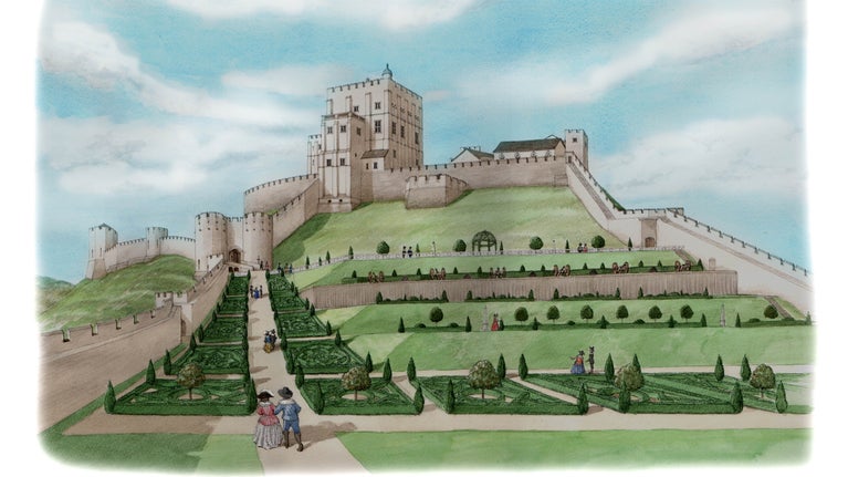 Drawing of Corfe Castle and landscaped gardens during the time of Elizabeth Hatton